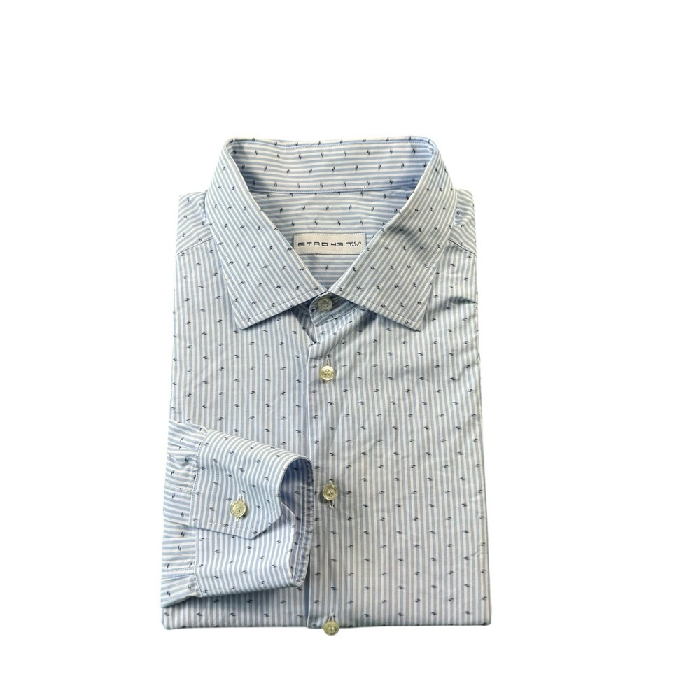 Etro Milano Blue Striped Dot Print Cotton Button Front Shirt Mens Size 43